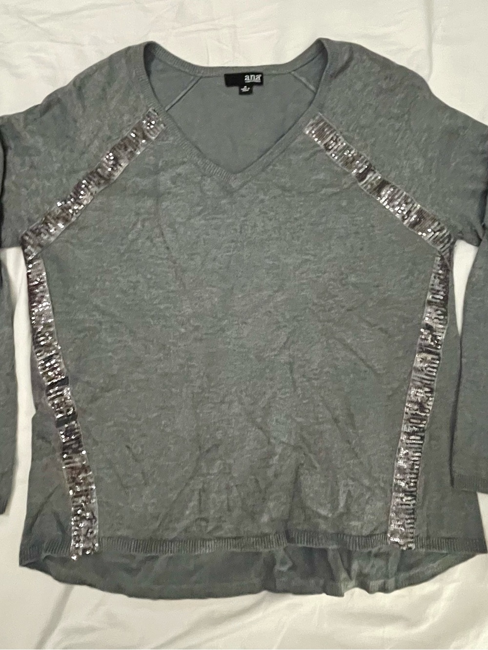a.n.a Gray V-Neck Sweater with Silver Sequin Trim